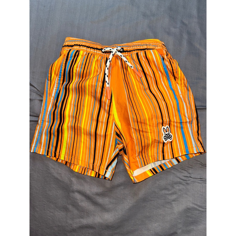 Psycho Bunny Toddler Swim Trunks Size 3T Orange Striped Swim Shorts Boys Lined